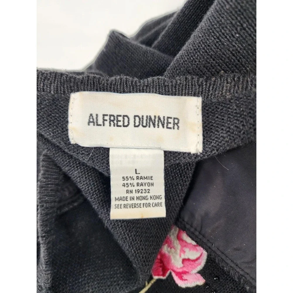 Alfred Dunner Vintage Floral Embroidered Cardigan Skirt Set Black Pink Rose L/18